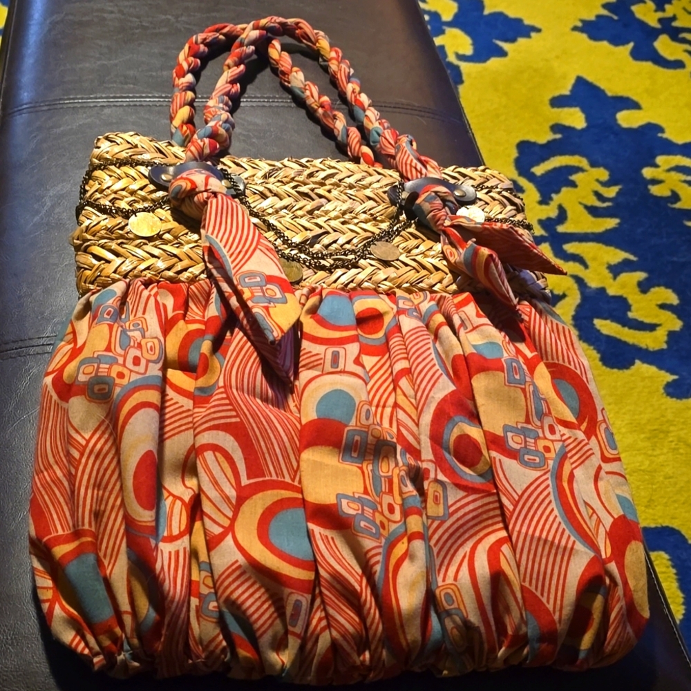 Sun N Sand Straw Scarf Purse.Colorful Patterned Woven Tote Bag Purse